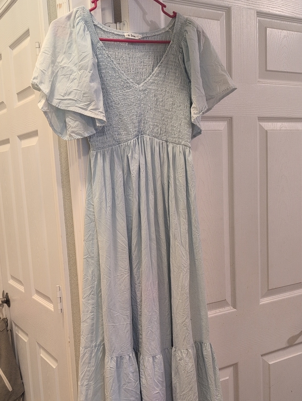 Light Blue Smocked Maxi Dress with Flutter Sleeves